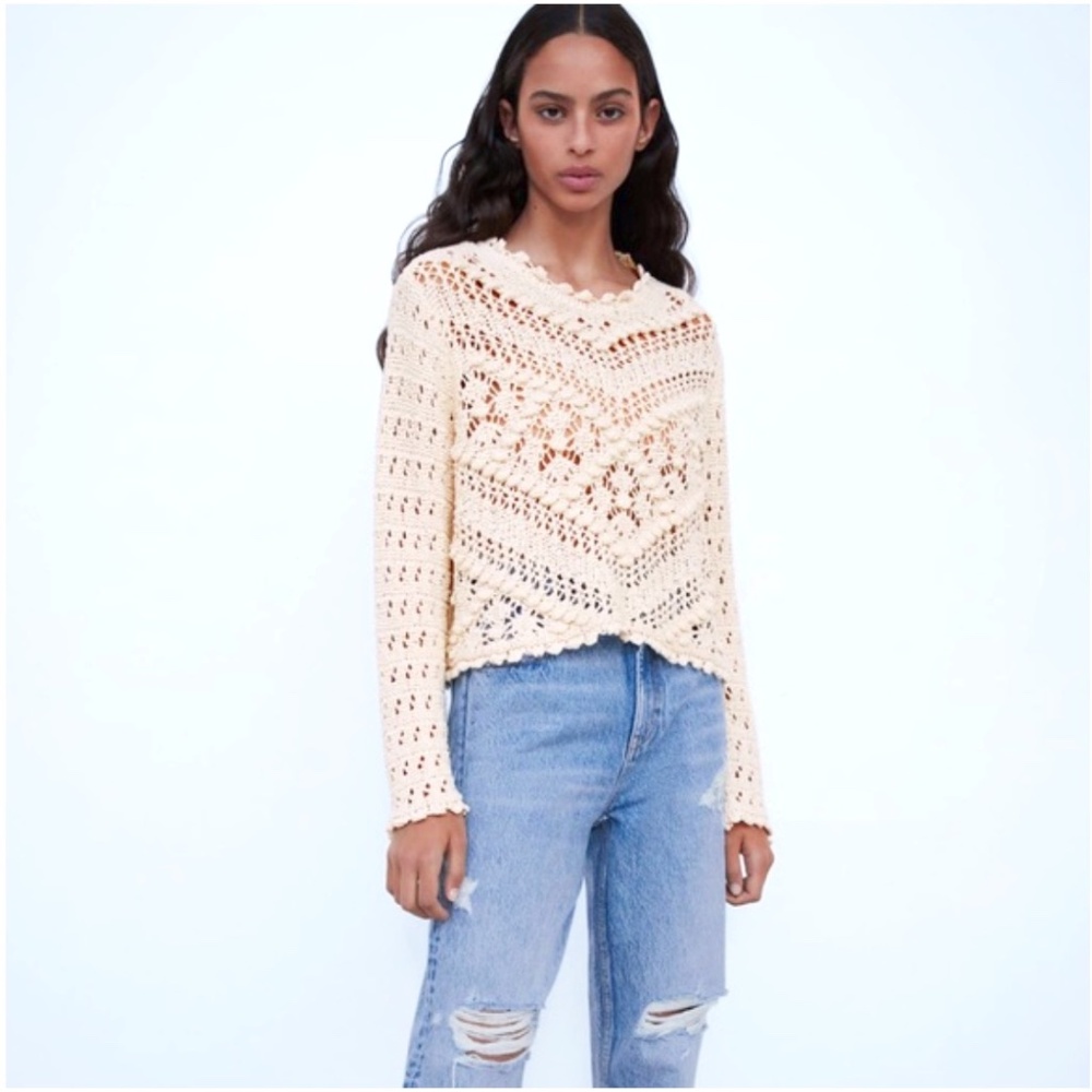 Cream Zara Textured Crochet Knit Long Sleeve Sweater NWT